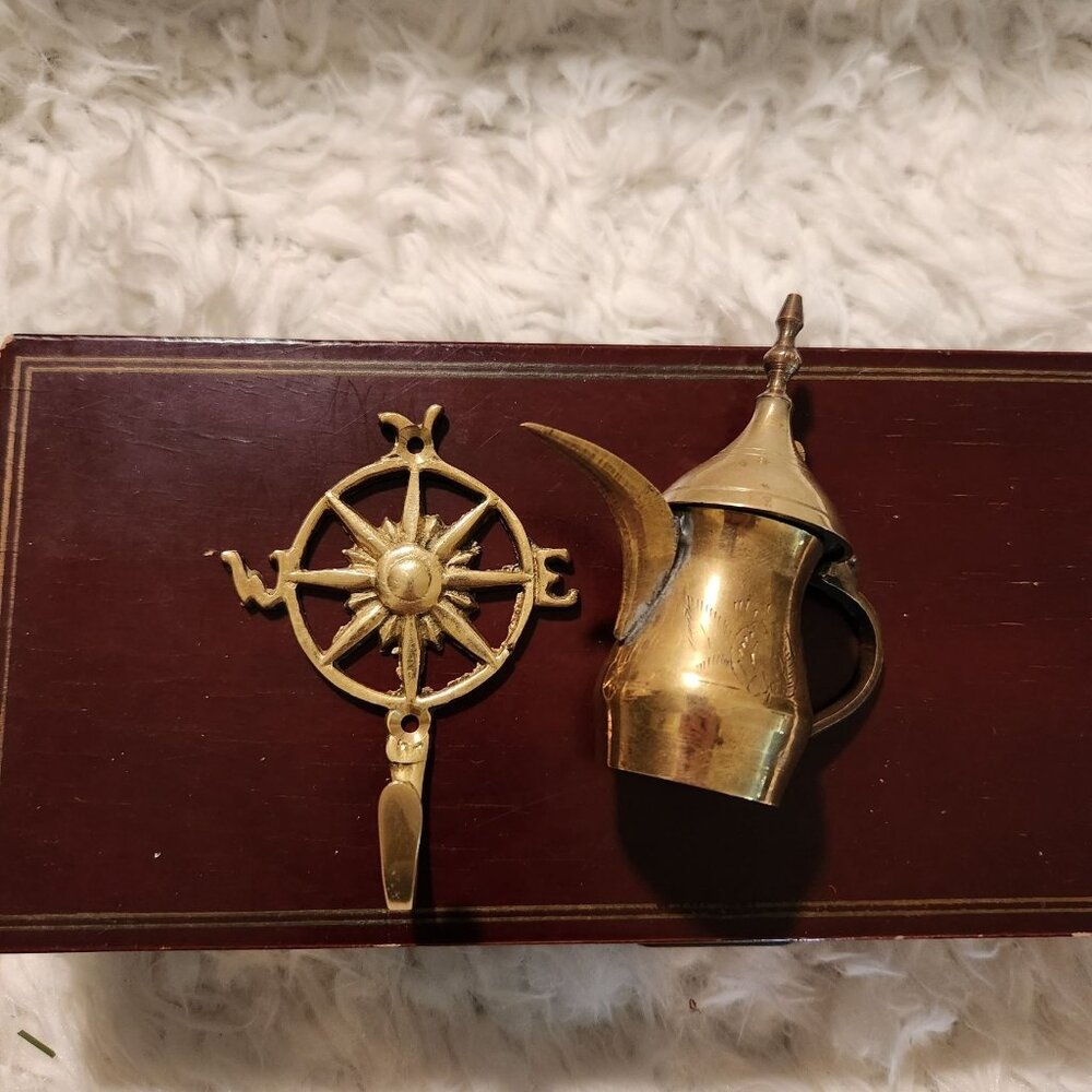 Lot Of 2 Brass Items: Nautical Hook & 4" Dallah Pot